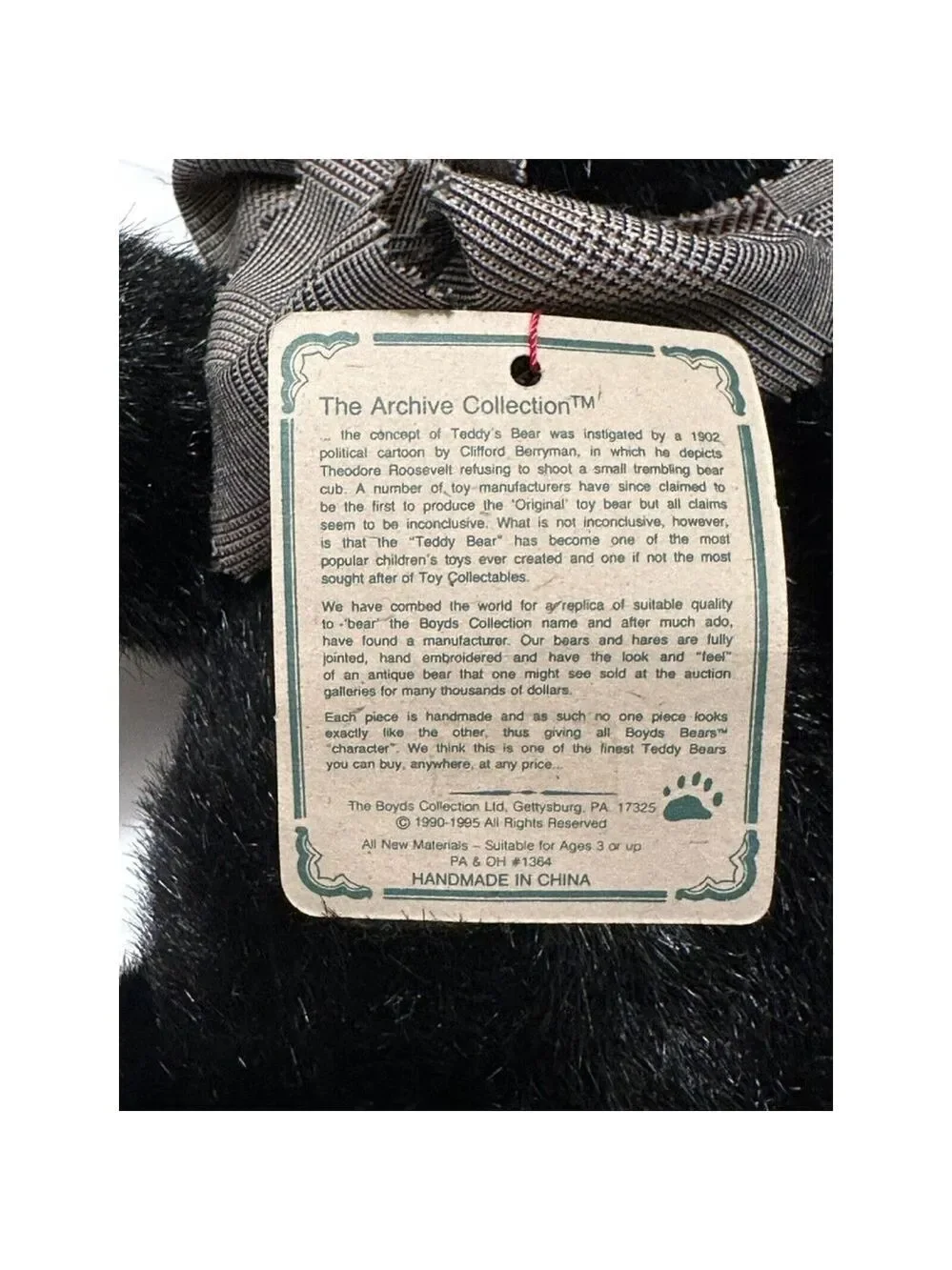 Boyds Bears The Archive Collection Black Teddy Bear #1364 Plaid Bow & Paws VTG